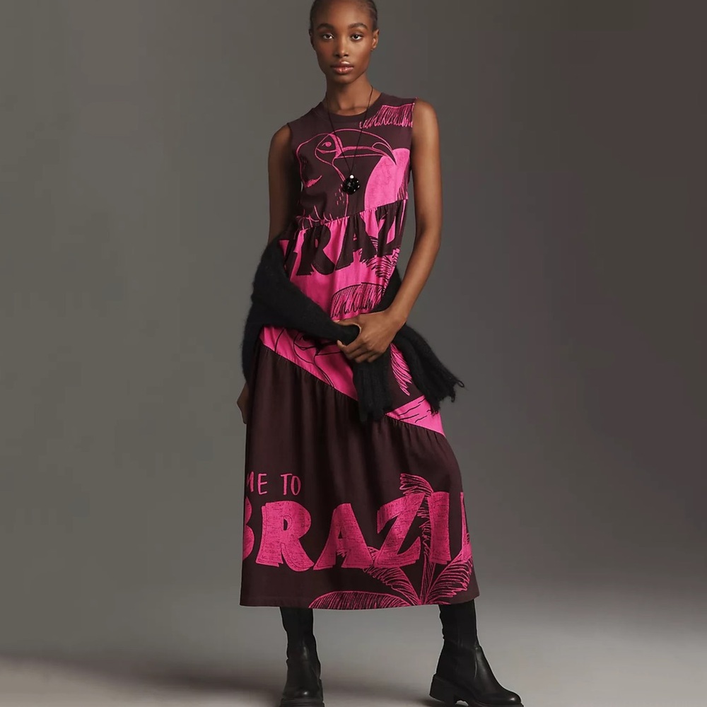 NWT Farm Rio Tiered Graphic T-Shirt Toucan Midi Dress Pink Black Size M Medium